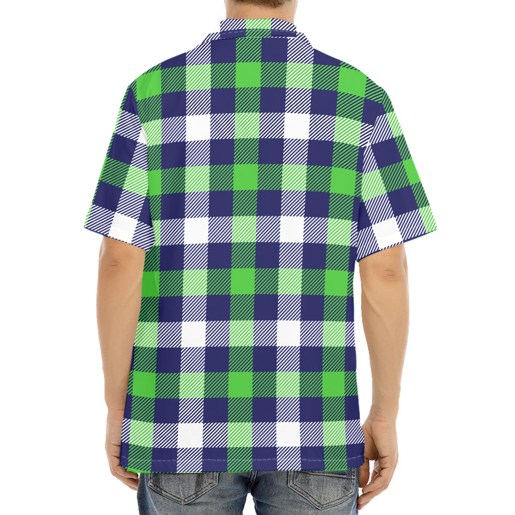 Green Blue And White Buffalo Plaid Print Aloha Shirt