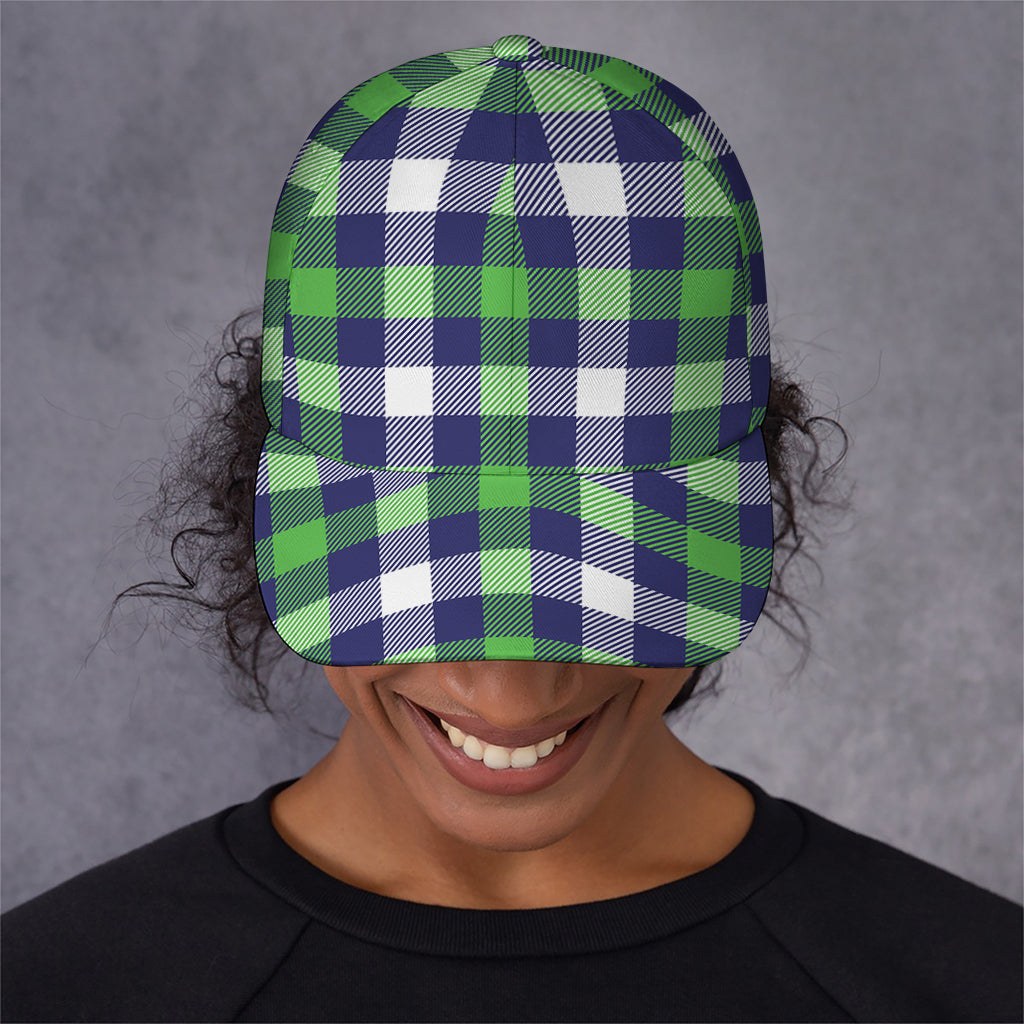 Green Blue And White Buffalo Plaid Print Baseball Cap