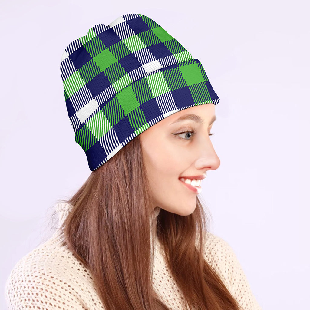 Green Blue And White Buffalo Plaid Print Beanie