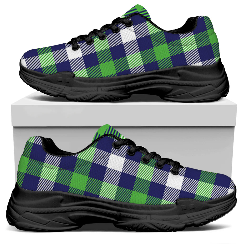 Green Blue And White Buffalo Plaid Print Black Chunky Shoes