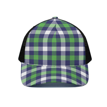 Green Blue And White Buffalo Plaid Print Black Mesh Trucker Cap