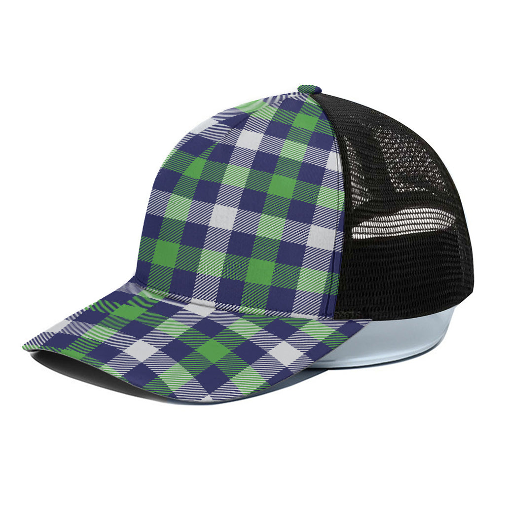 Green Blue And White Buffalo Plaid Print Black Mesh Trucker Cap