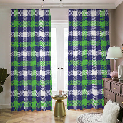 Green Blue And White Buffalo Plaid Print Blackout Pencil Pleat Curtains