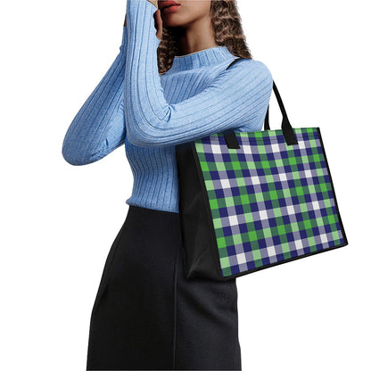 Green Blue And White Buffalo Plaid Print Canvas Tote Bag