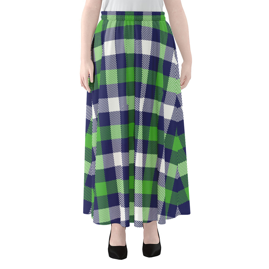 Green Blue And White Buffalo Plaid Print Chiffon Maxi Skirt