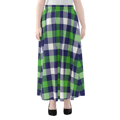 Green Blue And White Buffalo Plaid Print Chiffon Maxi Skirt