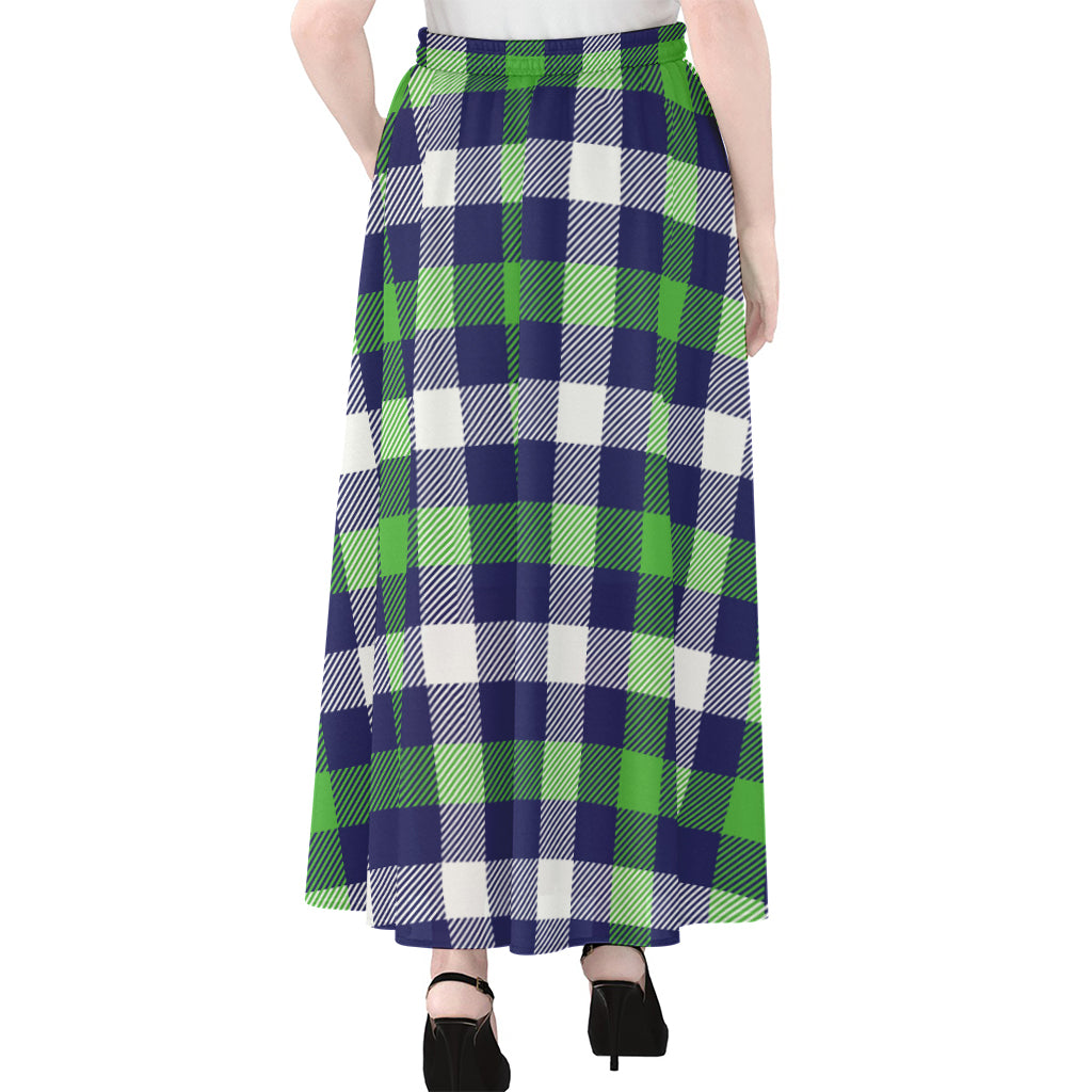Green Blue And White Buffalo Plaid Print Chiffon Maxi Skirt