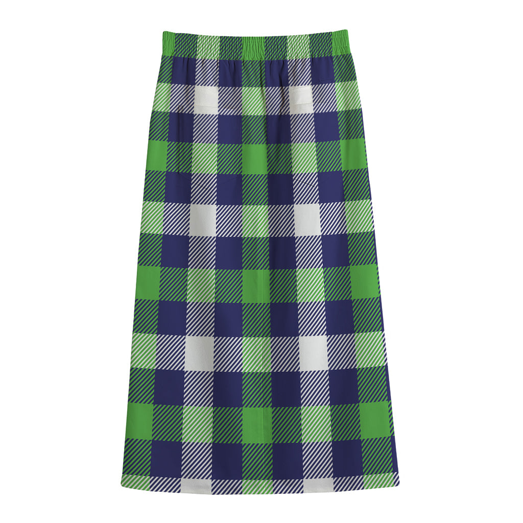 Green Blue And White Buffalo Plaid Print Cotton Front Slit Maxi Skirt
