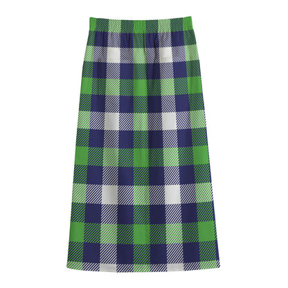 Green Blue And White Buffalo Plaid Print Cotton Front Slit Maxi Skirt