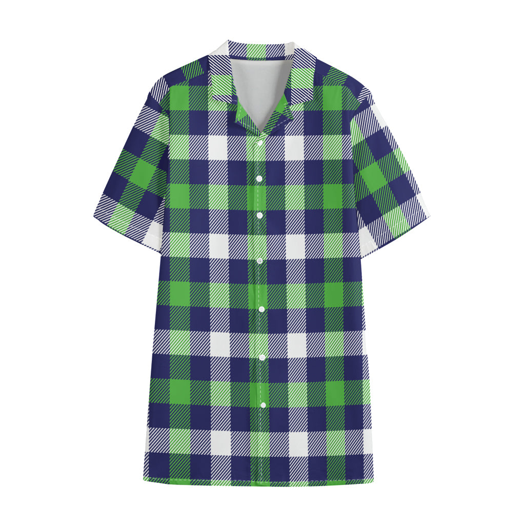 Green Blue And White Buffalo Plaid Print Cotton Hawaiian Shirt