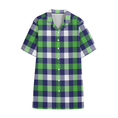 Green Blue And White Buffalo Plaid Print Cotton Hawaiian Shirt