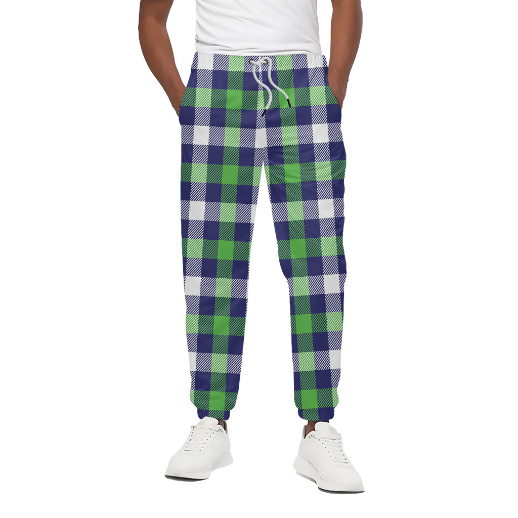 Green Blue And White Buffalo Plaid Print Cotton Pants