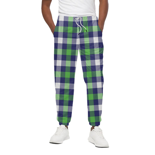 Green Blue And White Buffalo Plaid Print Cotton Pants