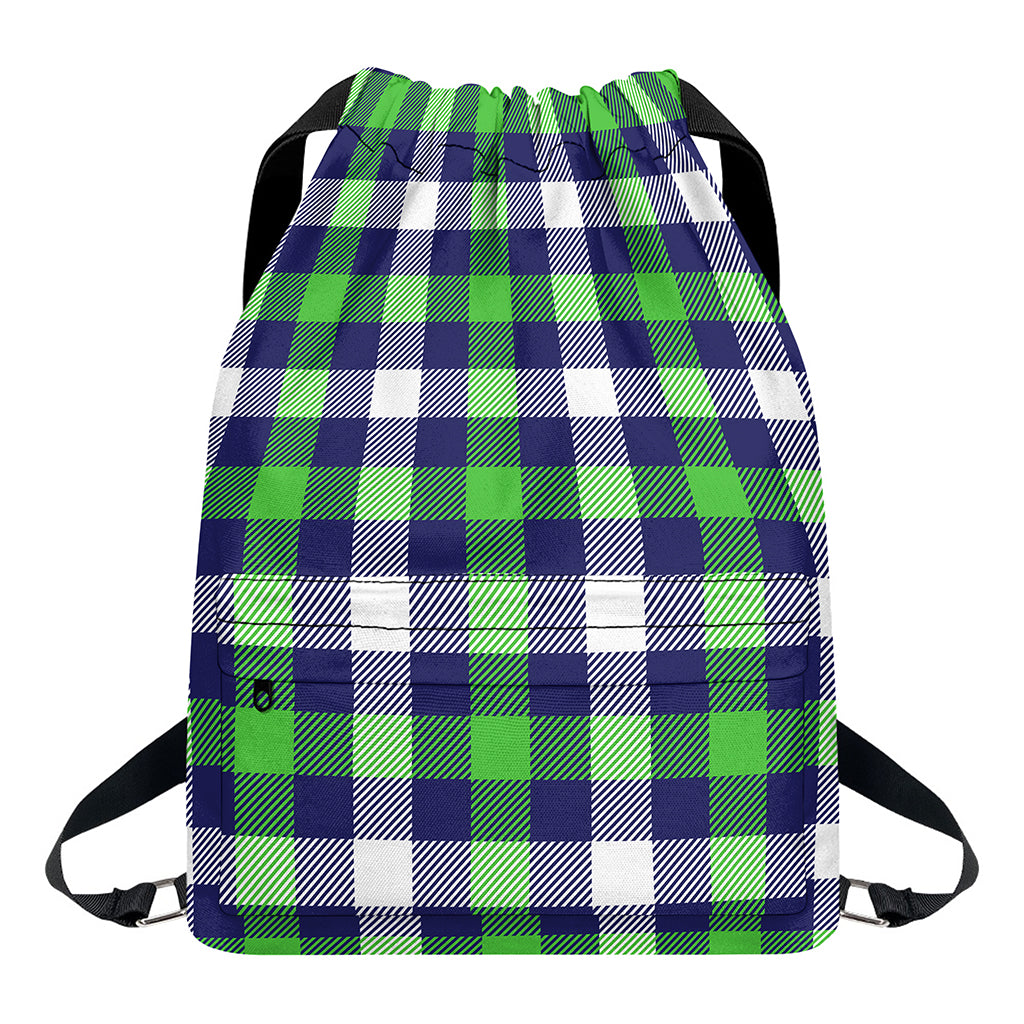 Green Blue And White Buffalo Plaid Print Drawstring Backpack