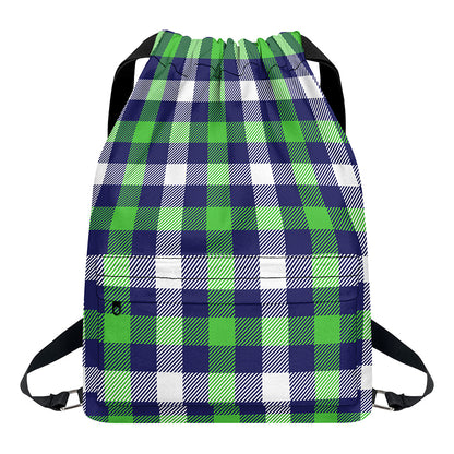 Green Blue And White Buffalo Plaid Print Drawstring Backpack