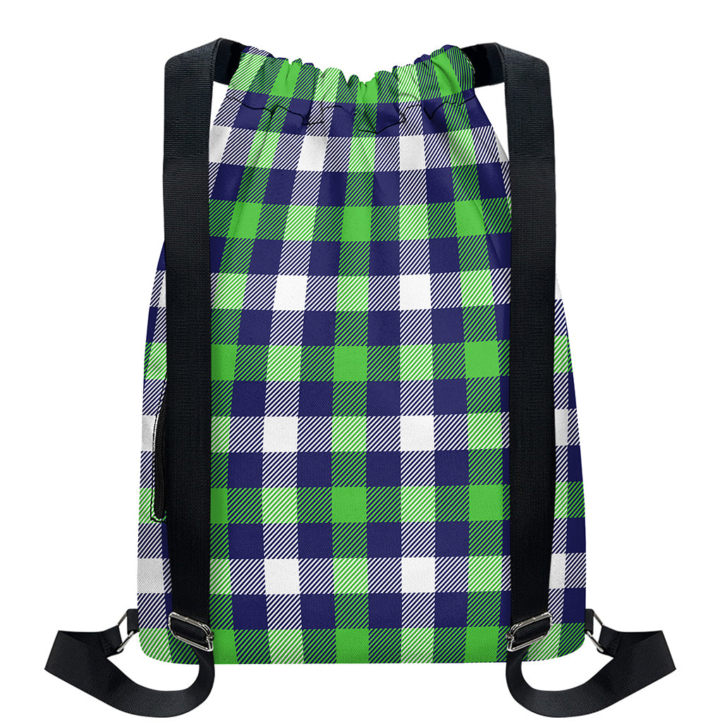 Green Blue And White Buffalo Plaid Print Drawstring Backpack