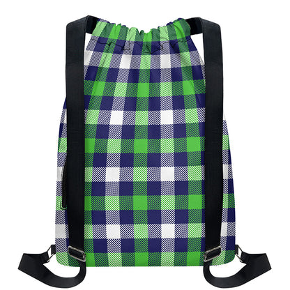 Green Blue And White Buffalo Plaid Print Drawstring Backpack