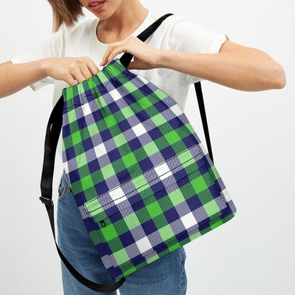 Green Blue And White Buffalo Plaid Print Drawstring Backpack