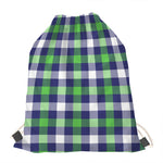 Green Blue And White Buffalo Plaid Print Drawstring Bag