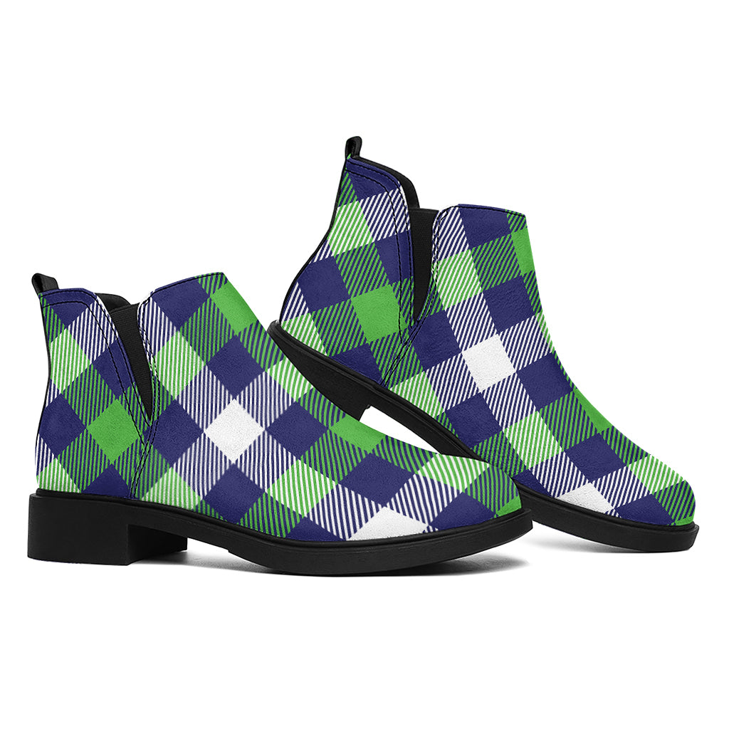 Green Blue And White Buffalo Plaid Print Flat Ankle Boots