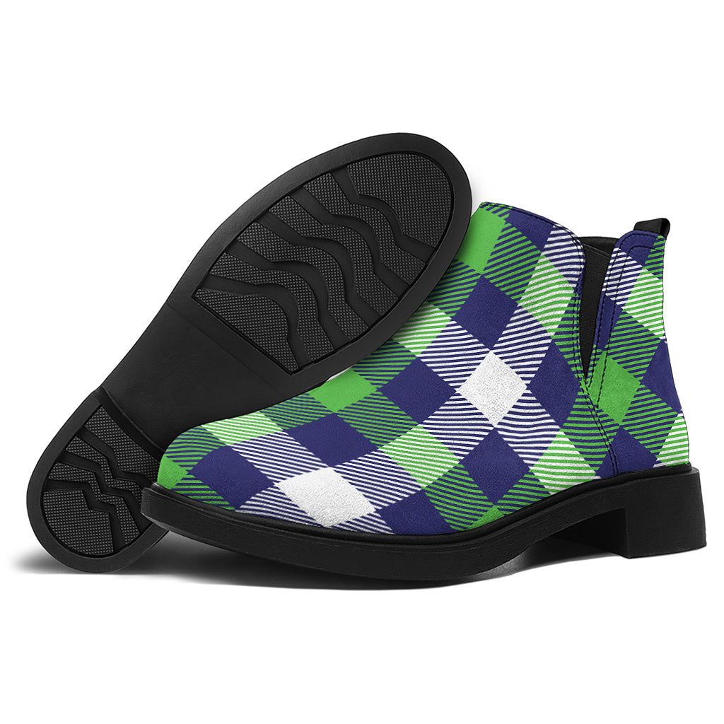 Green Blue And White Buffalo Plaid Print Flat Ankle Boots