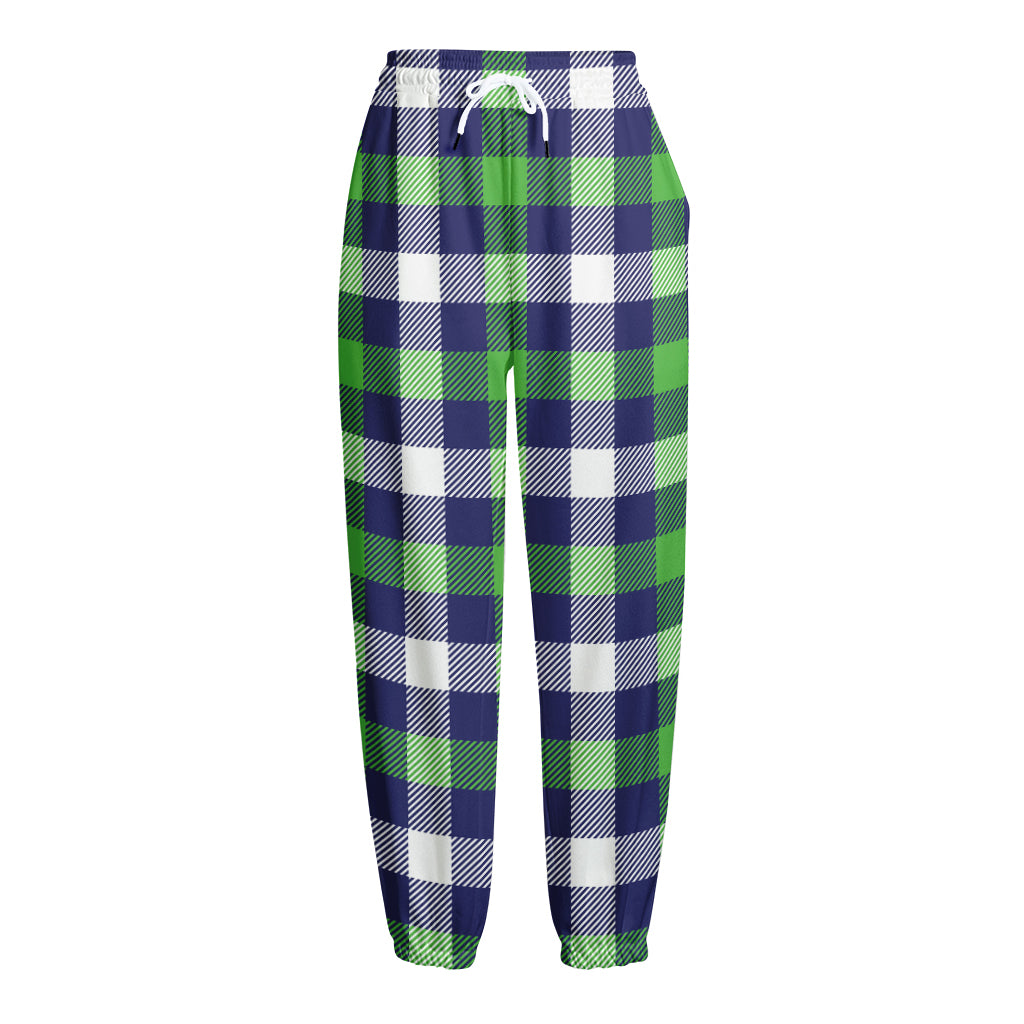 Green Blue And White Buffalo Plaid Print Fleece Lined Knit Pants