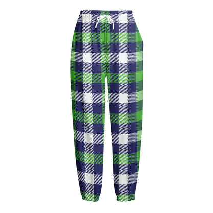 Green Blue And White Buffalo Plaid Print Fleece Lined Knit Pants