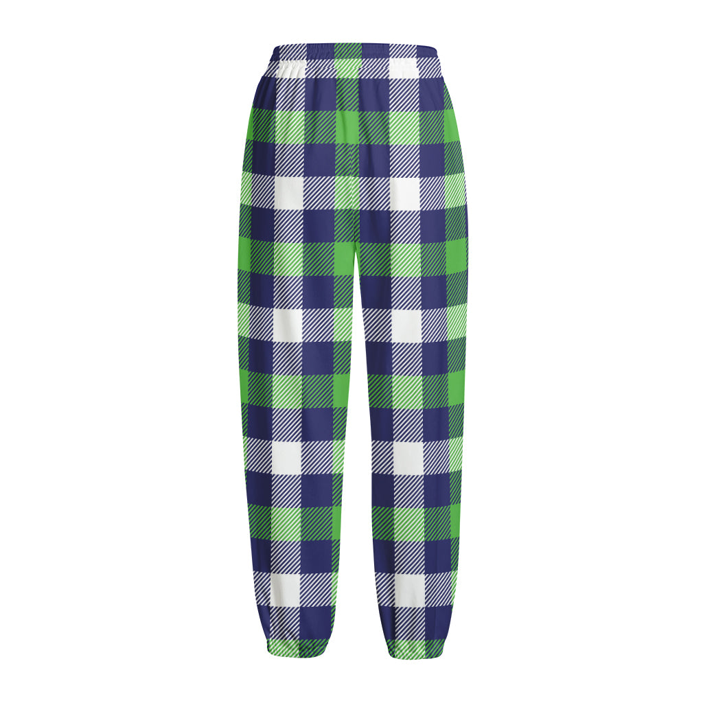 Green Blue And White Buffalo Plaid Print Fleece Lined Knit Pants