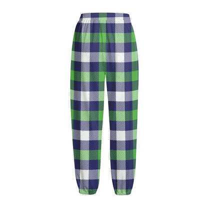 Green Blue And White Buffalo Plaid Print Fleece Lined Knit Pants