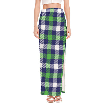 Green Blue And White Buffalo Plaid Print High Slit Maxi Skirt