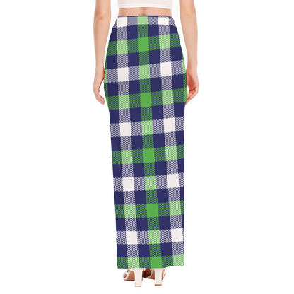 Green Blue And White Buffalo Plaid Print High Slit Maxi Skirt
