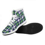Green Blue And White Buffalo Plaid Print High Top Leather Sneakers