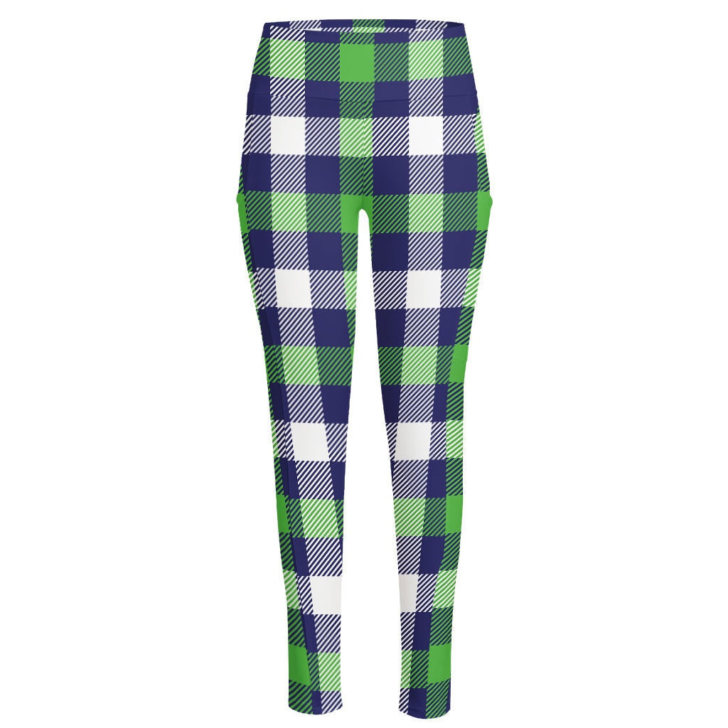 Green Blue And White Buffalo Plaid Print High-Waisted Pocket Leggings