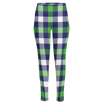 Green Blue And White Buffalo Plaid Print High-Waisted Pocket Leggings