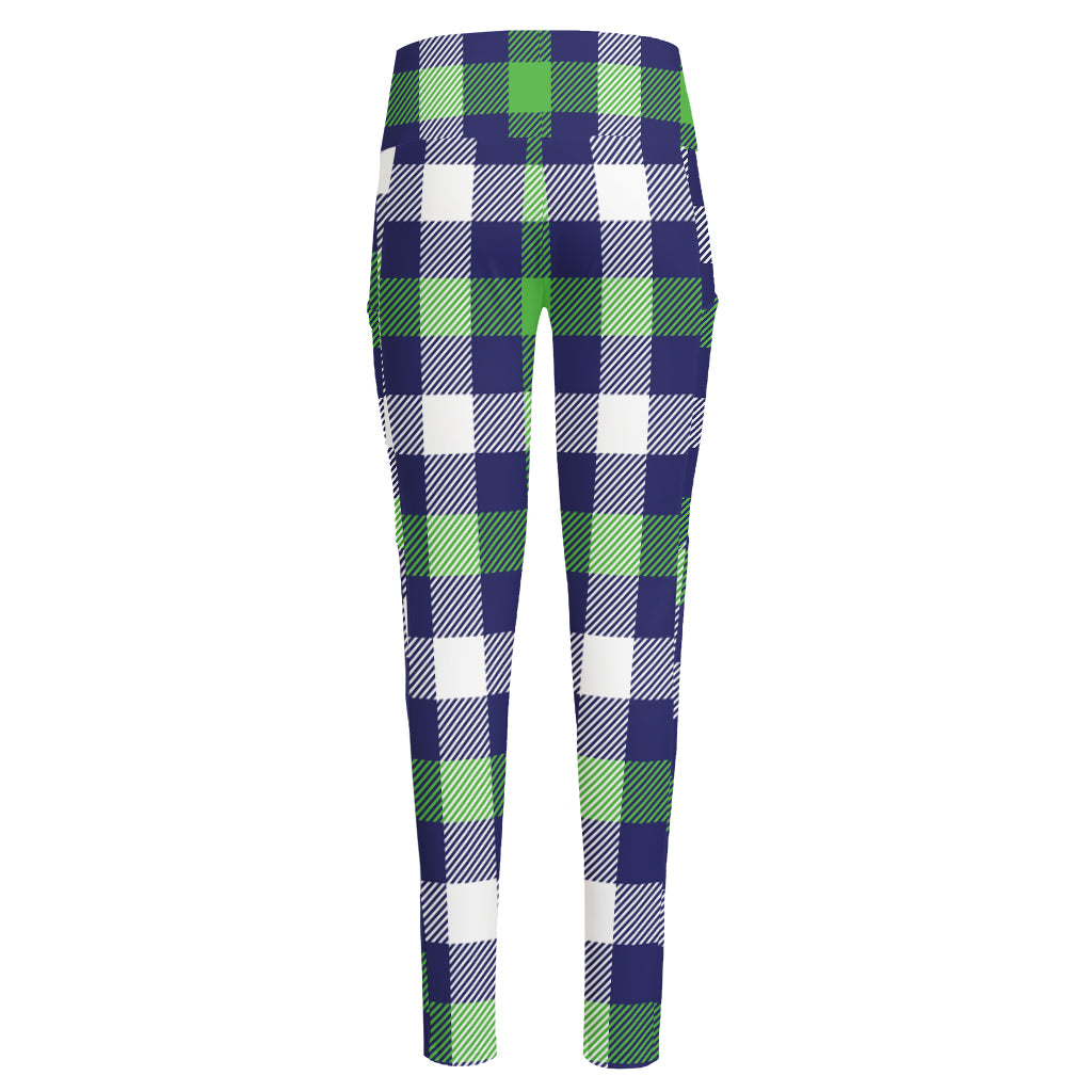 Green Blue And White Buffalo Plaid Print High-Waisted Pocket Leggings