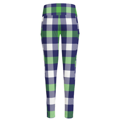 Green Blue And White Buffalo Plaid Print High-Waisted Pocket Leggings