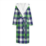Green Blue And White Buffalo Plaid Print Hooded Bathrobe