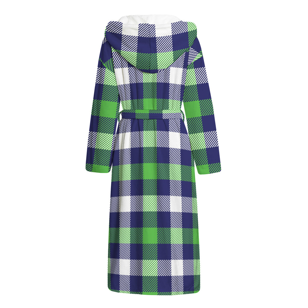 Green Blue And White Buffalo Plaid Print Hooded Bathrobe