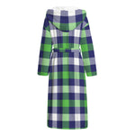 Green Blue And White Buffalo Plaid Print Hooded Bathrobe