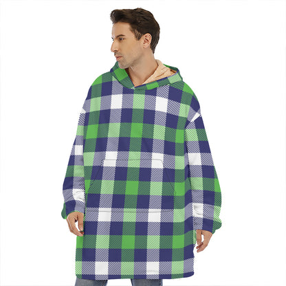 Green Blue And White Buffalo Plaid Print Hoodie Blanket