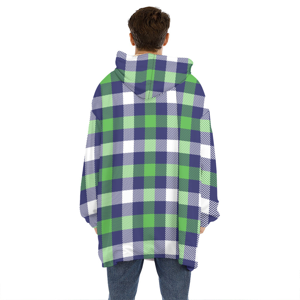 Green Blue And White Buffalo Plaid Print Hoodie Blanket