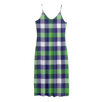 Green Blue And White Buffalo Plaid Print Jersey Midi Cami Dress
