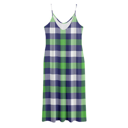 Green Blue And White Buffalo Plaid Print Jersey Midi Cami Dress