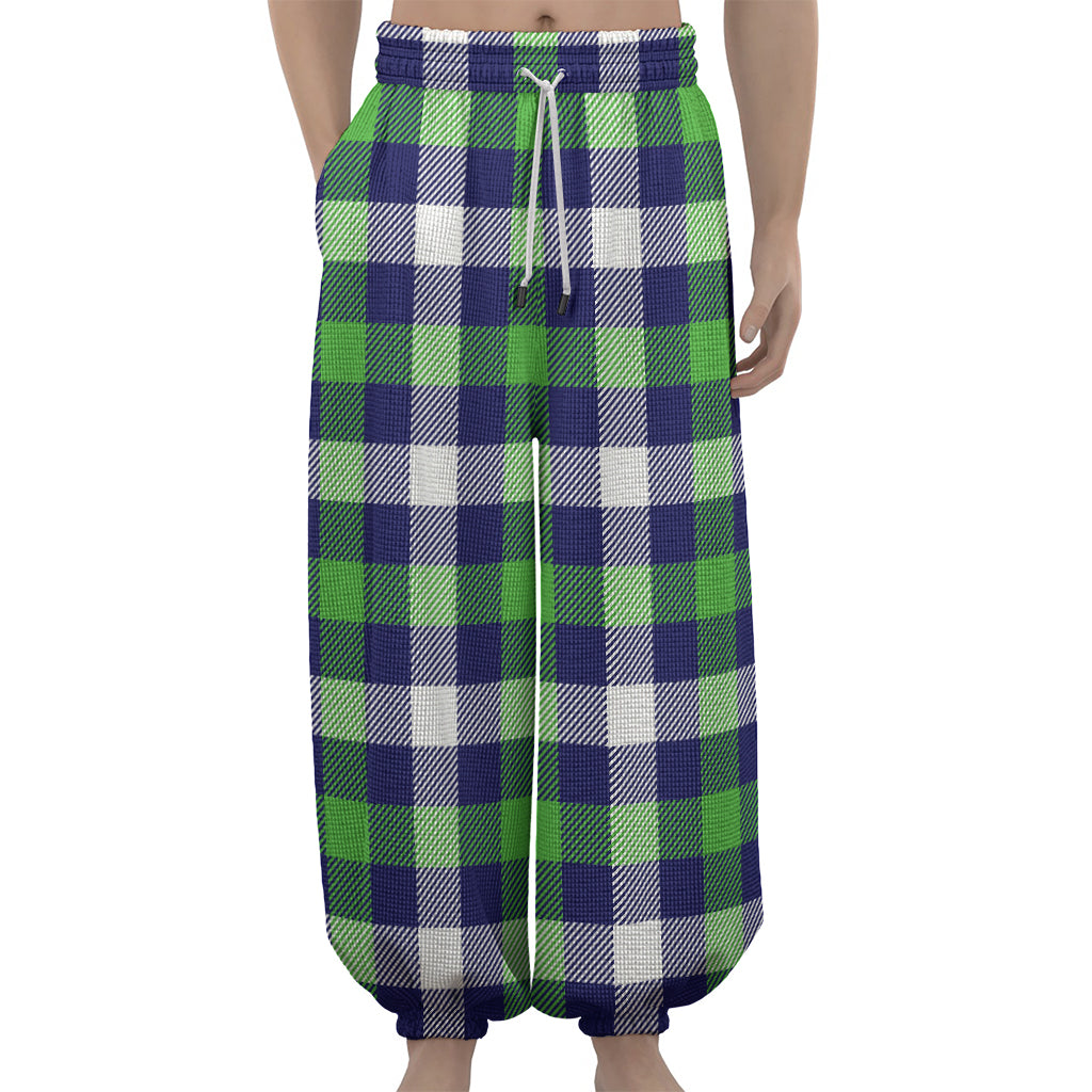 Green Blue And White Buffalo Plaid Print Lantern Pants