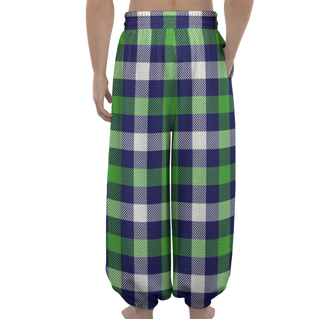 Green Blue And White Buffalo Plaid Print Lantern Pants