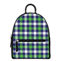 Green Blue And White Buffalo Plaid Print Leather Backpack