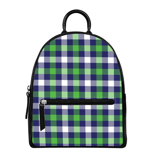 Green Blue And White Buffalo Plaid Print Leather Backpack