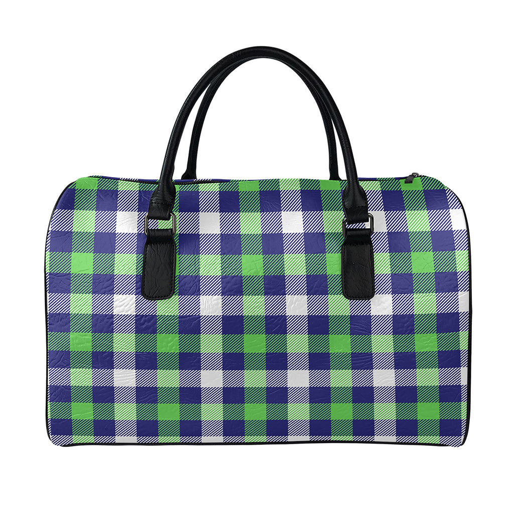 Green Blue And White Buffalo Plaid Print Leather Duffle Bag