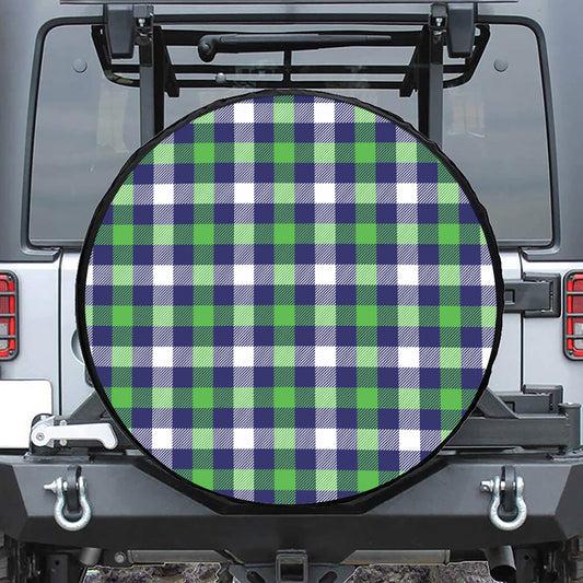 Green Blue And White Buffalo Plaid Print Leather Spare Tire Cover