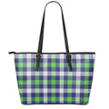 Green Blue And White Buffalo Plaid Print Leather Tote Bag With Zipper